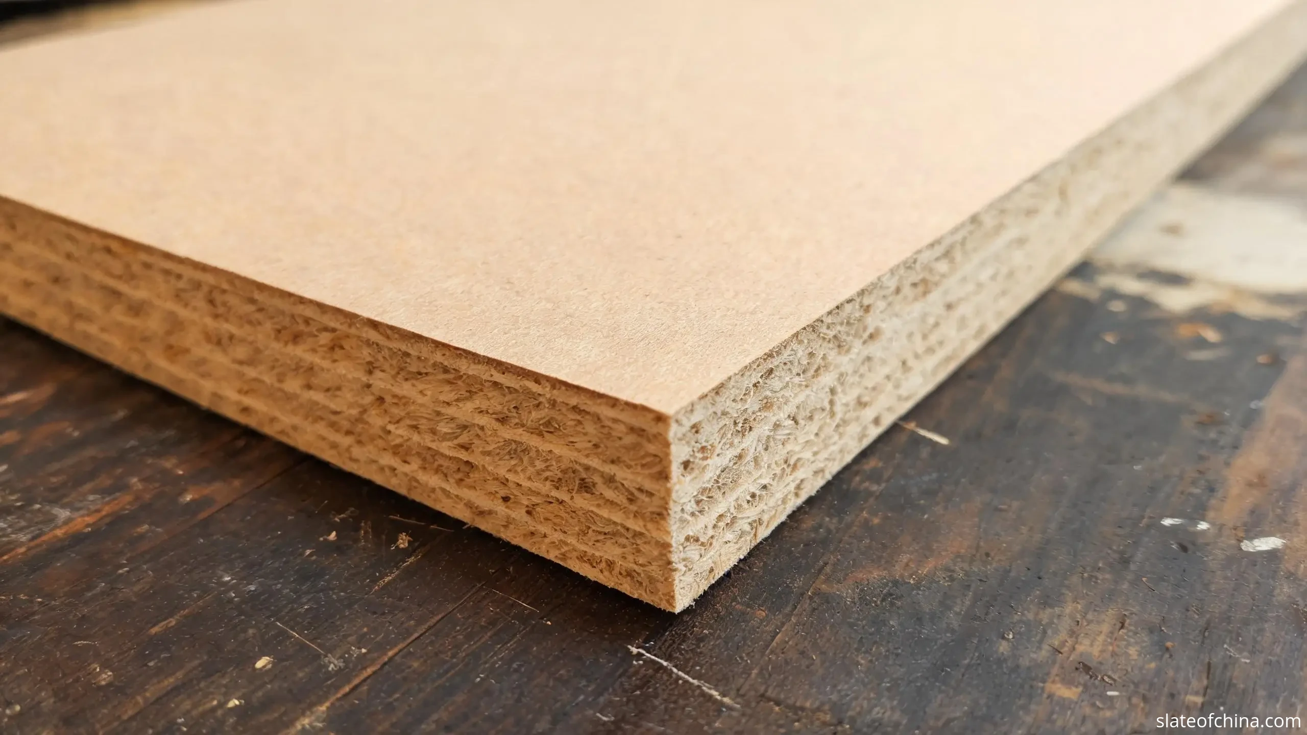 Close-up of a pale brown MDF panel corner showing the smooth uniform fibre surface and dense compressed edge
