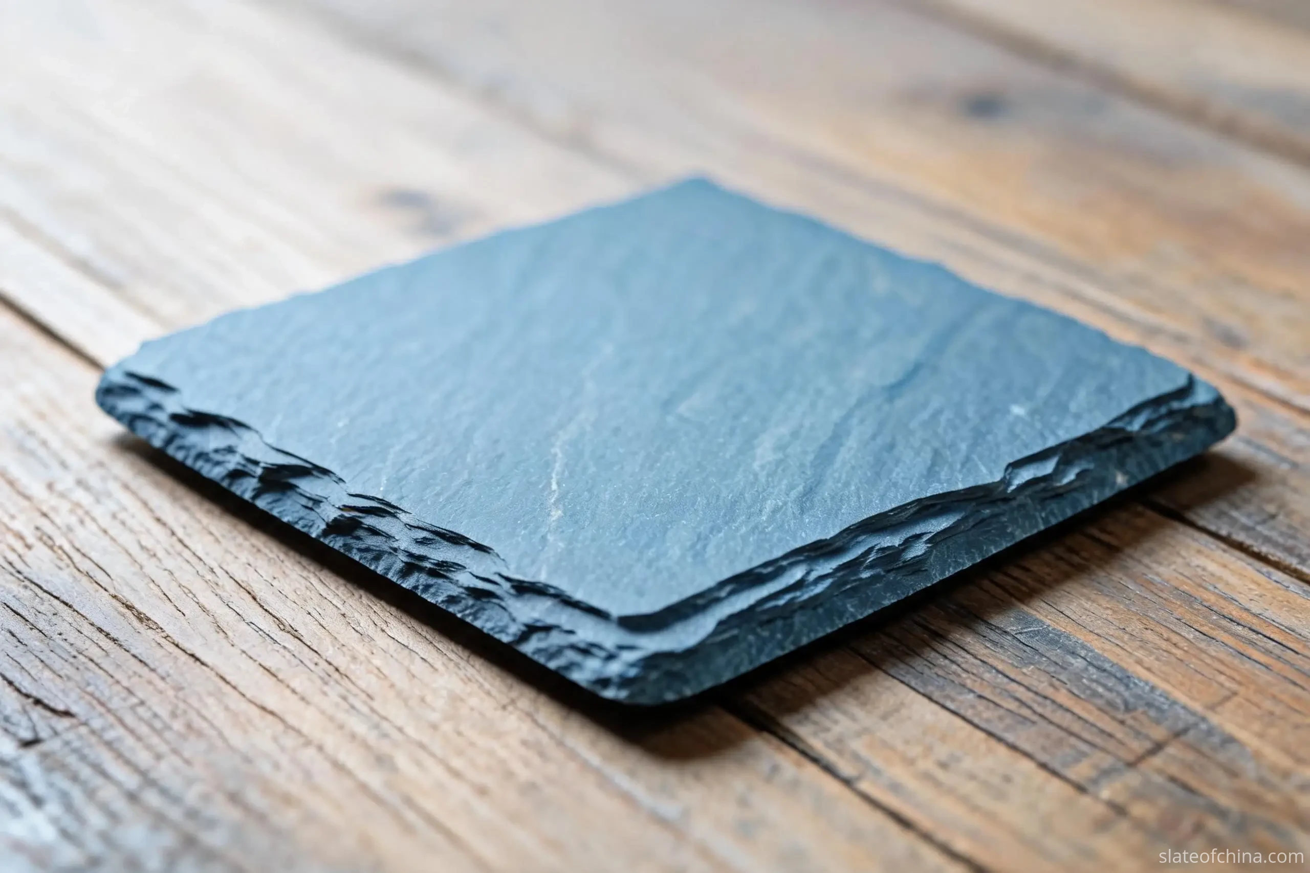Why Jiujiang Slate Is Ideal for Crafts 2 A rustic natural-cleft slate coaster with softly riven edge and layered surface relief in cool blue-grey, resting on weathered oak in soft side light