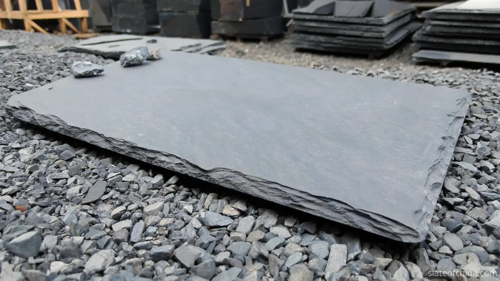 Paving Slate Sizes & Thicknesses 3 Elevated close-up of a rectangular blue-grey slate paving slab with natural split riven edges on gravel, irregular mineral-cleavage edge texture, smooth honed matte face