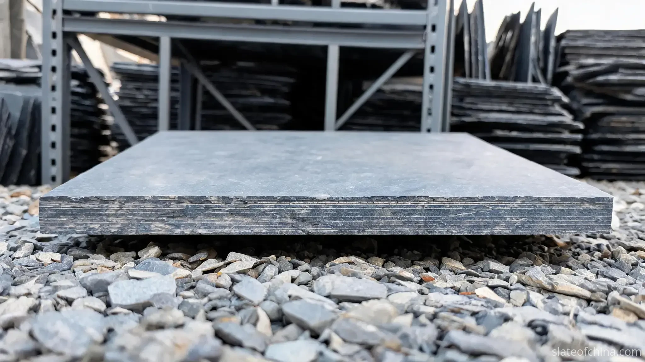 Paving Slate Sizes & Thicknesses 2 Low close-up of a single blue-grey slate paving slab lying on gravel, its thick machine-sawn 30 mm edge in the foreground with faint natural layering and fine saw traces, honed matte face receding behind