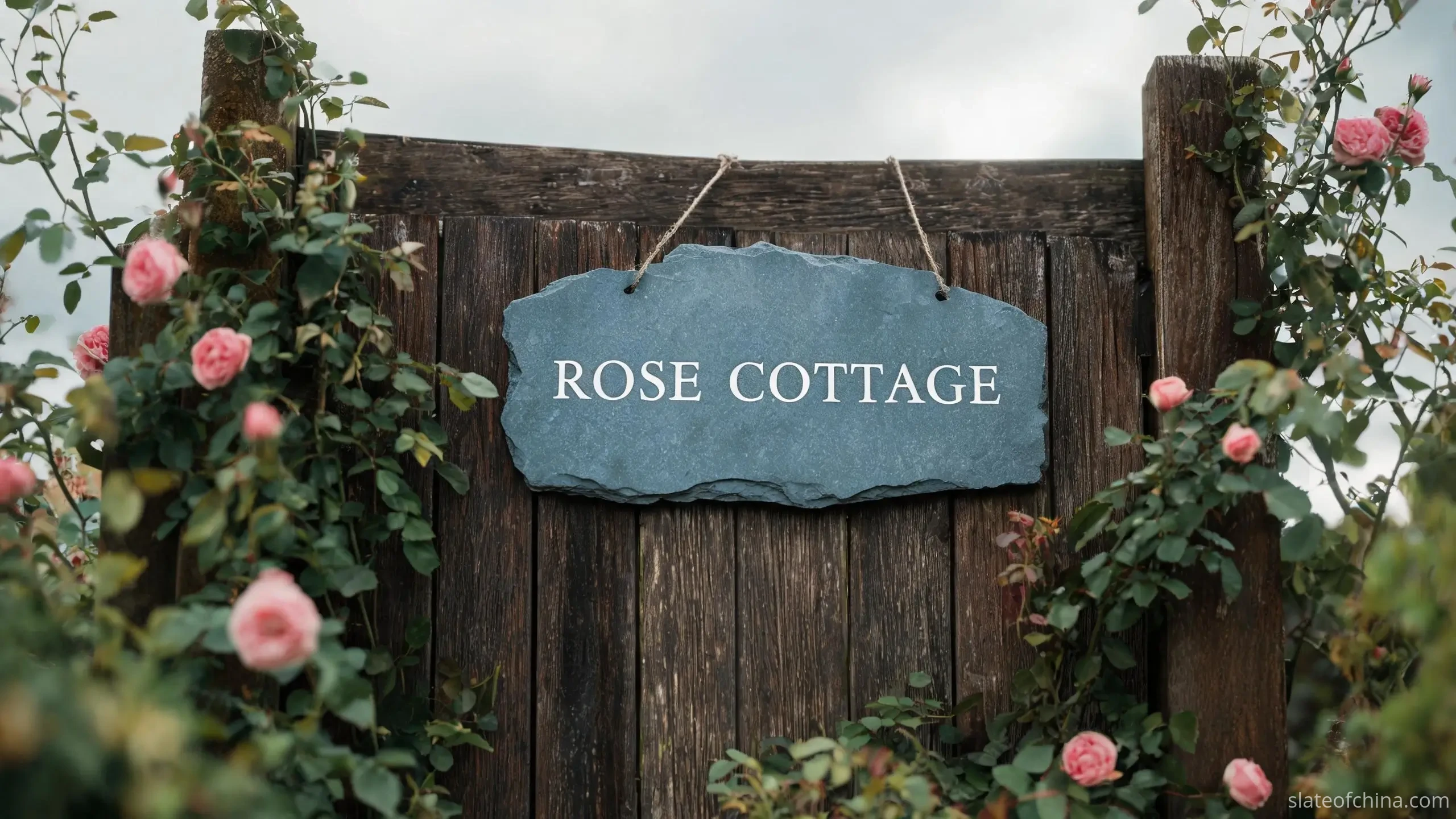 Slate Signs & House Number Plates 2 A natural-edge personalised slate house sign with a pale engraved cottage name beside a garden gate