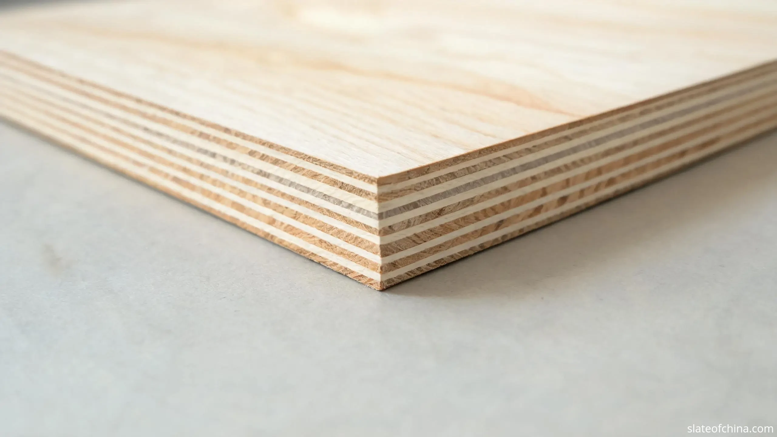 Close-up of a birch plywood edge showing thin alternating cross-banded veneer layers