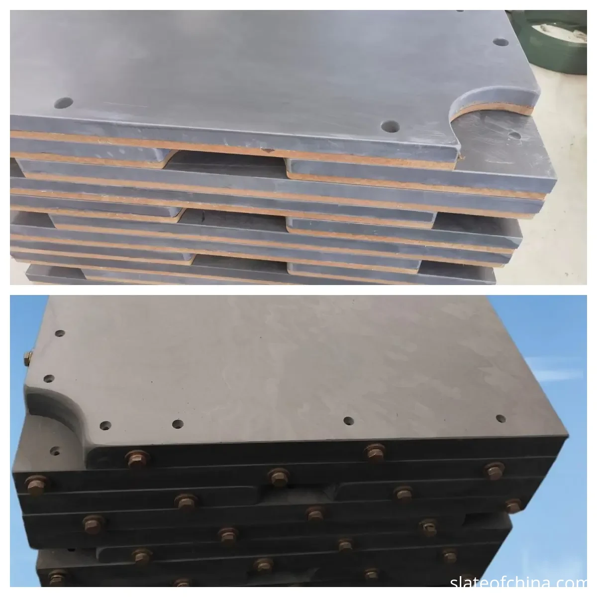 Pool Slate vs Snooker Slate 1 Pool vs snooker slate thickness comparison: thin backed pool table slate panels above, thicker bolted snooker slate panels below, cut edges facing the camera
