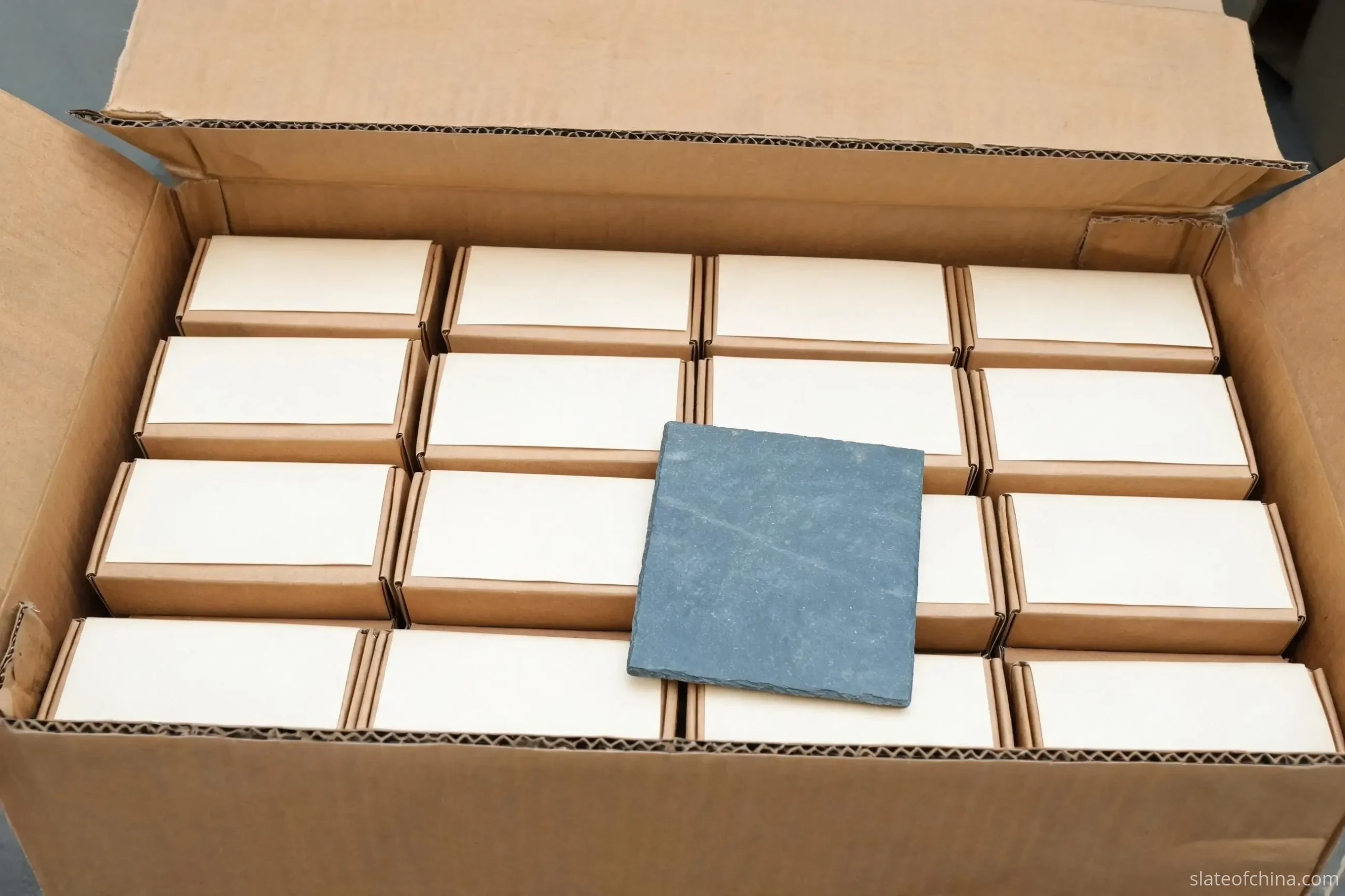Wholesale Slate Crafts from China 3 Rows of plain unprinted retail gift boxes packed by the dozen into an export master carton, with a blank slate coaster leaning at the front