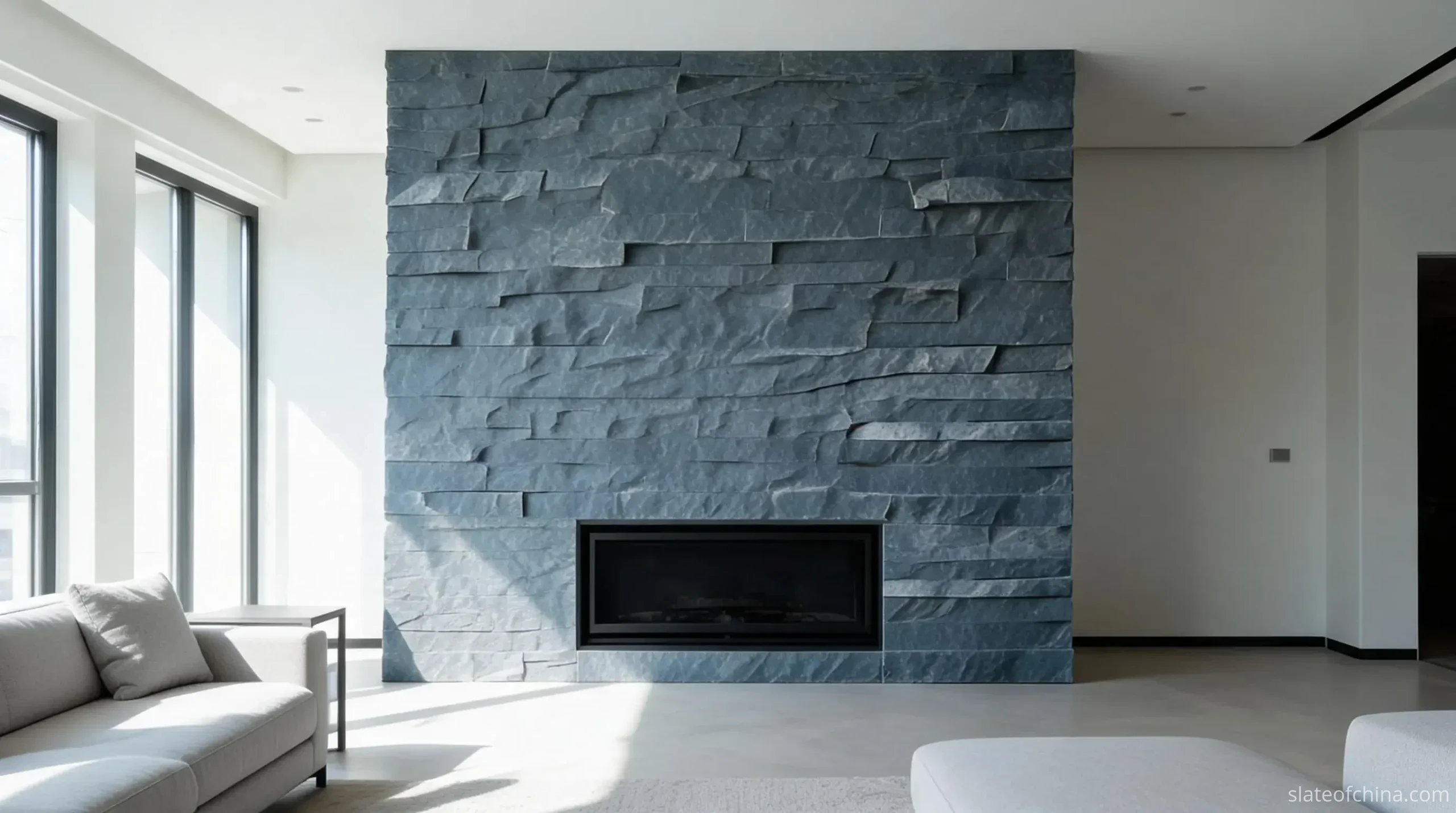 Exterior vs Interior Slate Cladding 2 Living room fireplace feature wall in riven blue-grey slate with gently varied surface relief in soft daylight