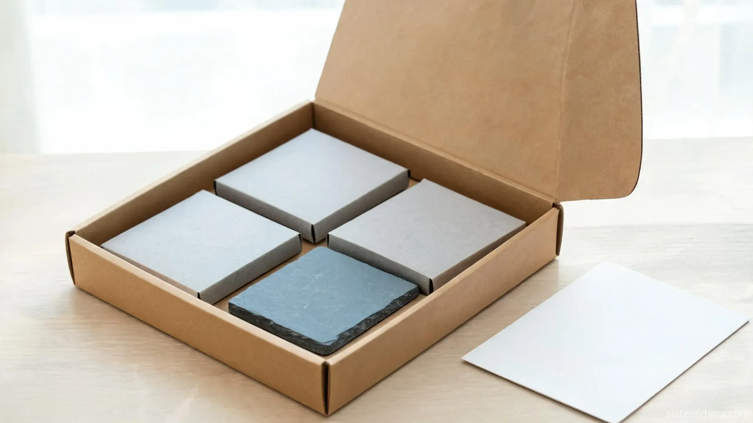 Slate Coasters from Jiujiang 4 Illustrative four-piece slate coaster gift set in grey paper sleeves inside an opened kraft gift box