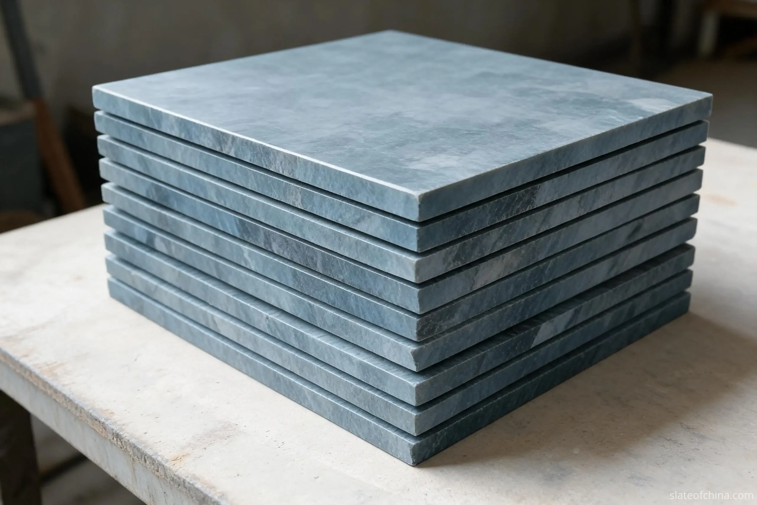 Why Jiujiang Slate Is Ideal for Crafts 3 A low-angle view of identical square slate craft pieces in a neat stack with edges aligned, equal thickness and repeated machined edges forming crisp horizontal lines