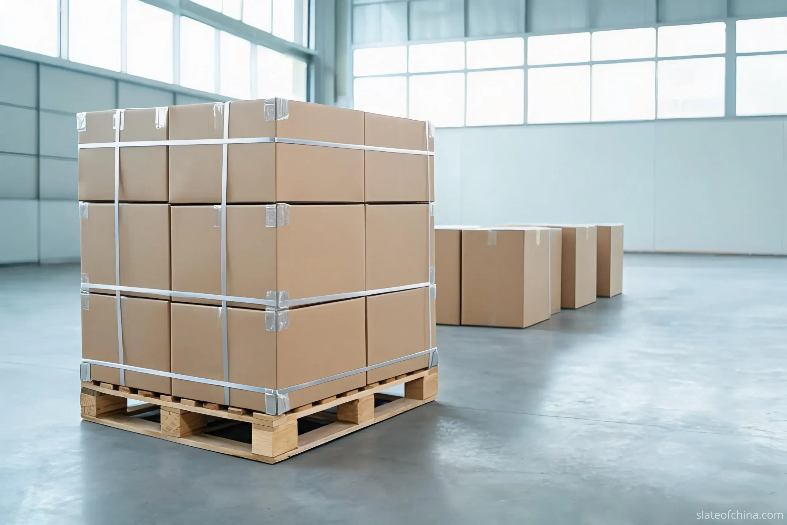 Wholesale Slate Crafts from China 4 A pallet of sealed plain kraft export cartons strapped with clear PET strapping, staged for dispatch in an empty warehouse