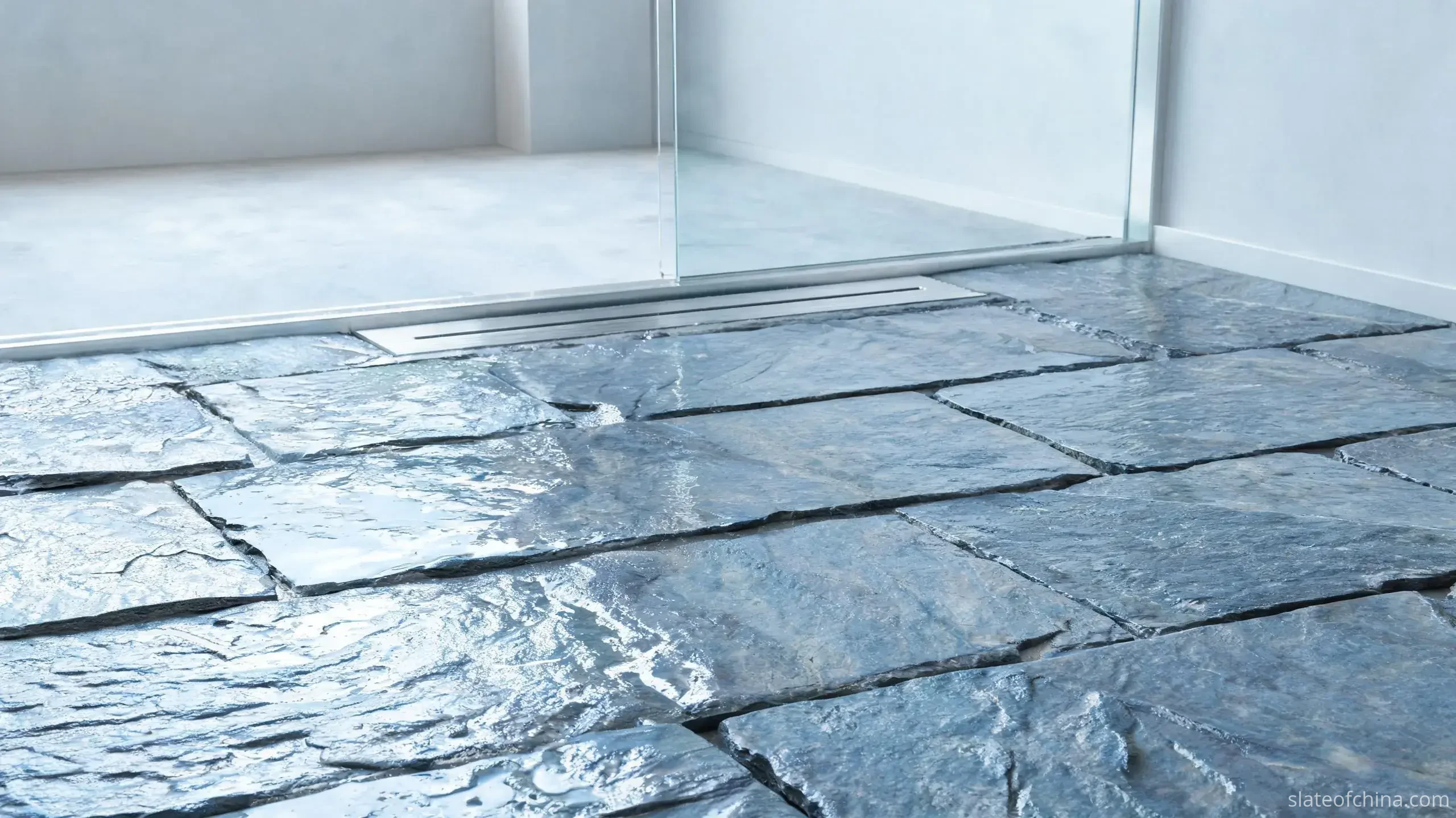 Slate Flooring vs Other Stone Flooring 2 Wet-room floor of natural cleft slate tiles with a thin film of water, textured blue-grey surface with fine riven ridges, walk-in shower glass and drain slot in background