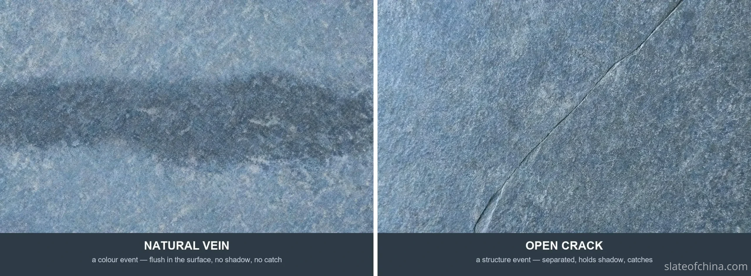 Surface Quality Inspection 3 Billiard slate vein vs crack comparison — a closed natural mineral vein beside an open crack that holds shadow