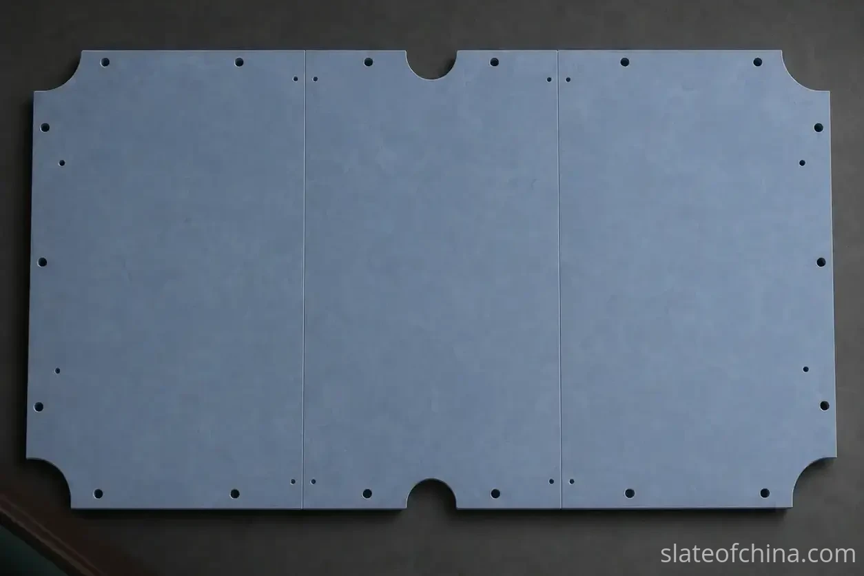 Billiard Slate Bed — Top View Measurement Layout Three-piece billiard slate bed viewed from directly above showing the complete playing surface layout