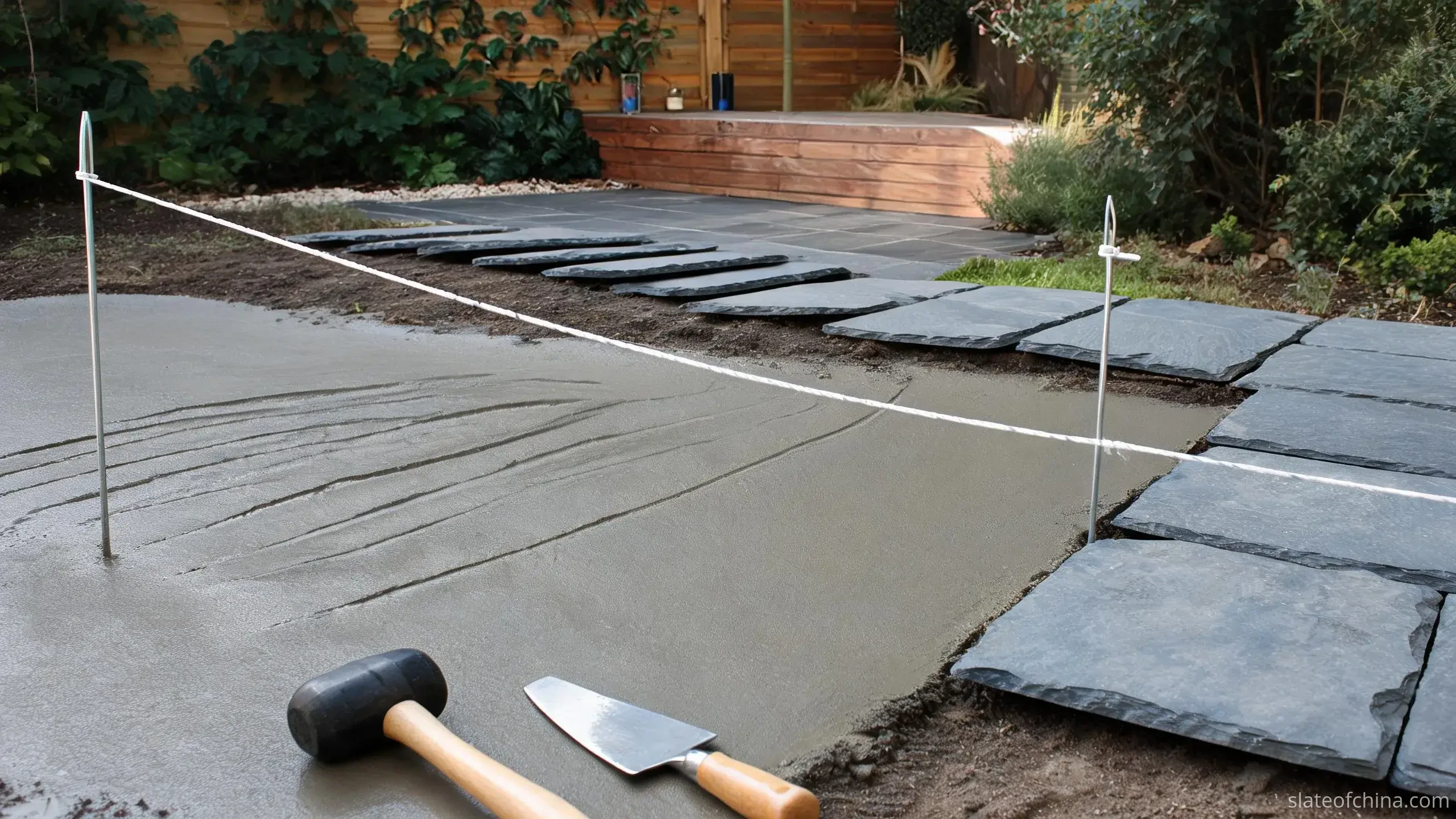 Why Jiujiang Slate Works for Paving 4 Slate paving partly laid on a screeded mortar bed, taut string line between steel pins marking level, finished blue-grey flags aligned to the line, spare flags lying flat, rubber mallet and trowel resting nearby