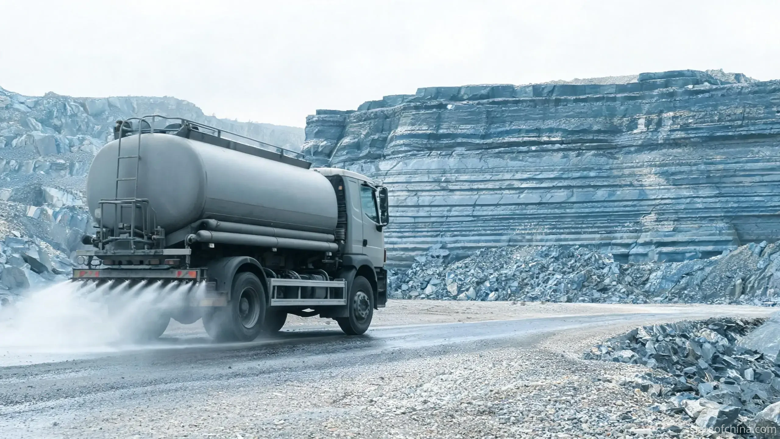 Sustainability of Slate Quarrying in Jiujiang 3 Water tanker spraying a slate quarry haul road to suppress dust, working face hazy in the background