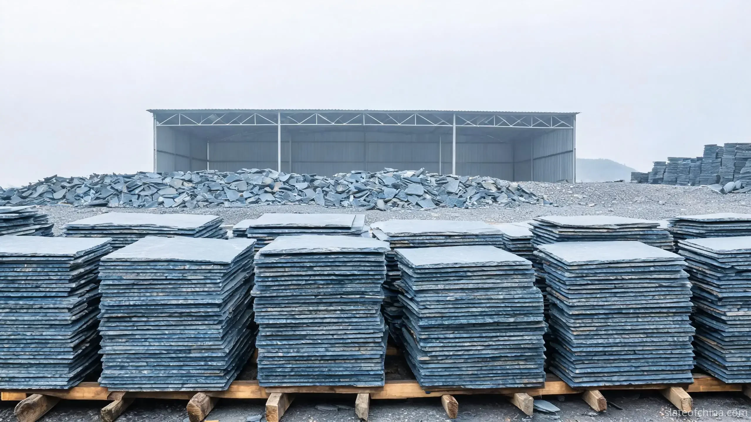 Sustainability of Slate Quarrying in Jiujiang 1 Sorted stacks of blue-grey slate offcuts on timber bearers in a quarry yard, broken fragments in a lower pile behind