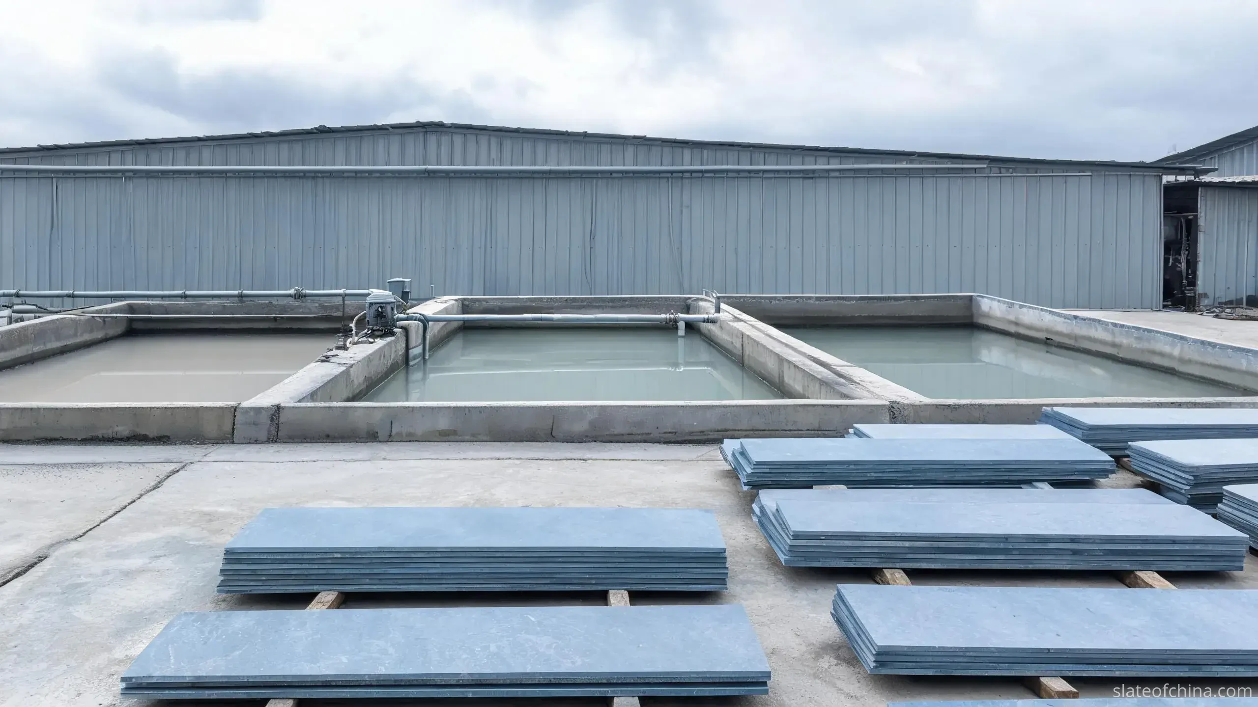 Sustainability of Slate Quarrying in Jiujiang 2 Row of concrete settling basins at a slate processing plant, slurry entering one end and water growing clearer toward the other