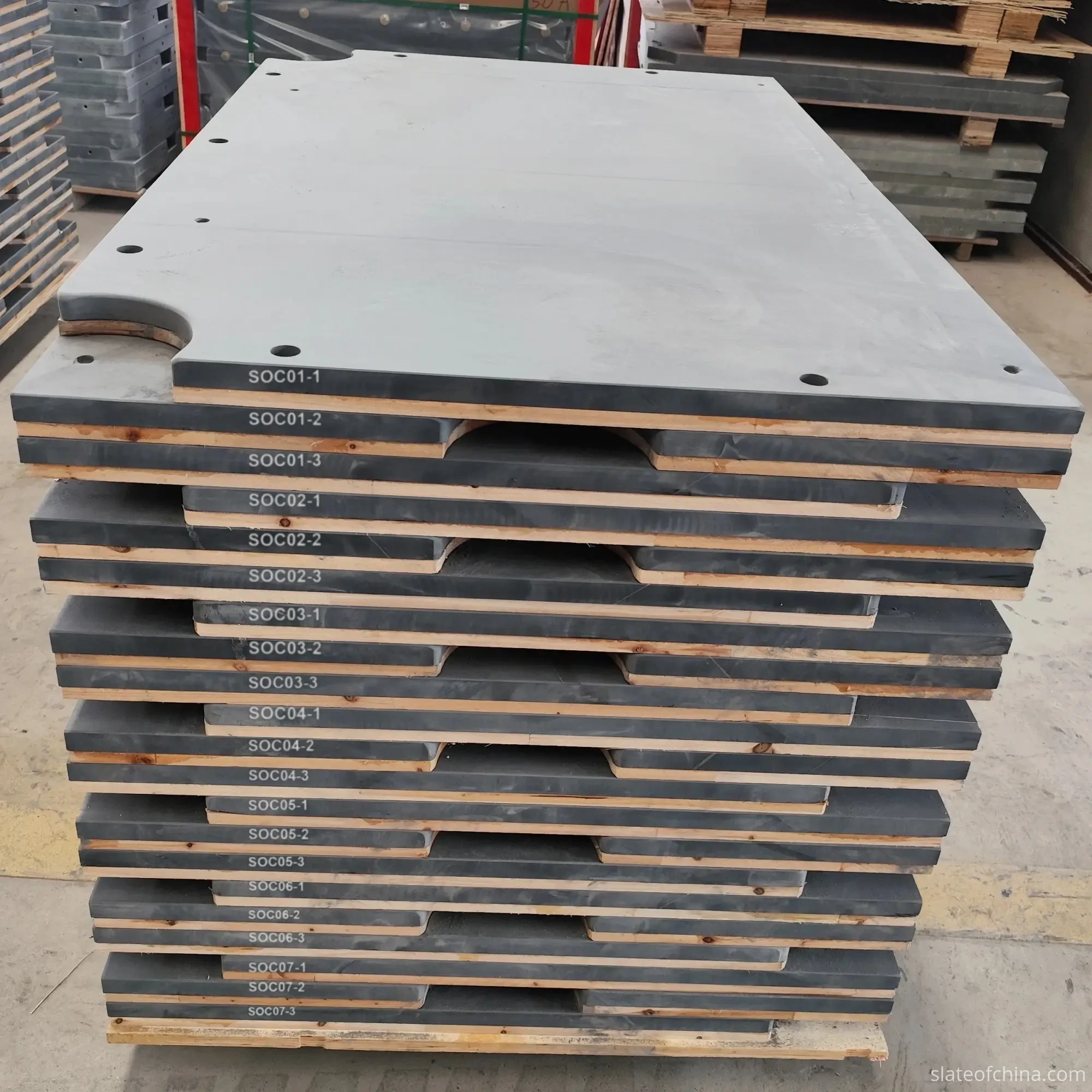 Slate Joint Alignment 3 Twenty-one stacked billiard slate panels in seven matched sets, each panel edge painted with a set number from SOC01-1 to SOC07-3