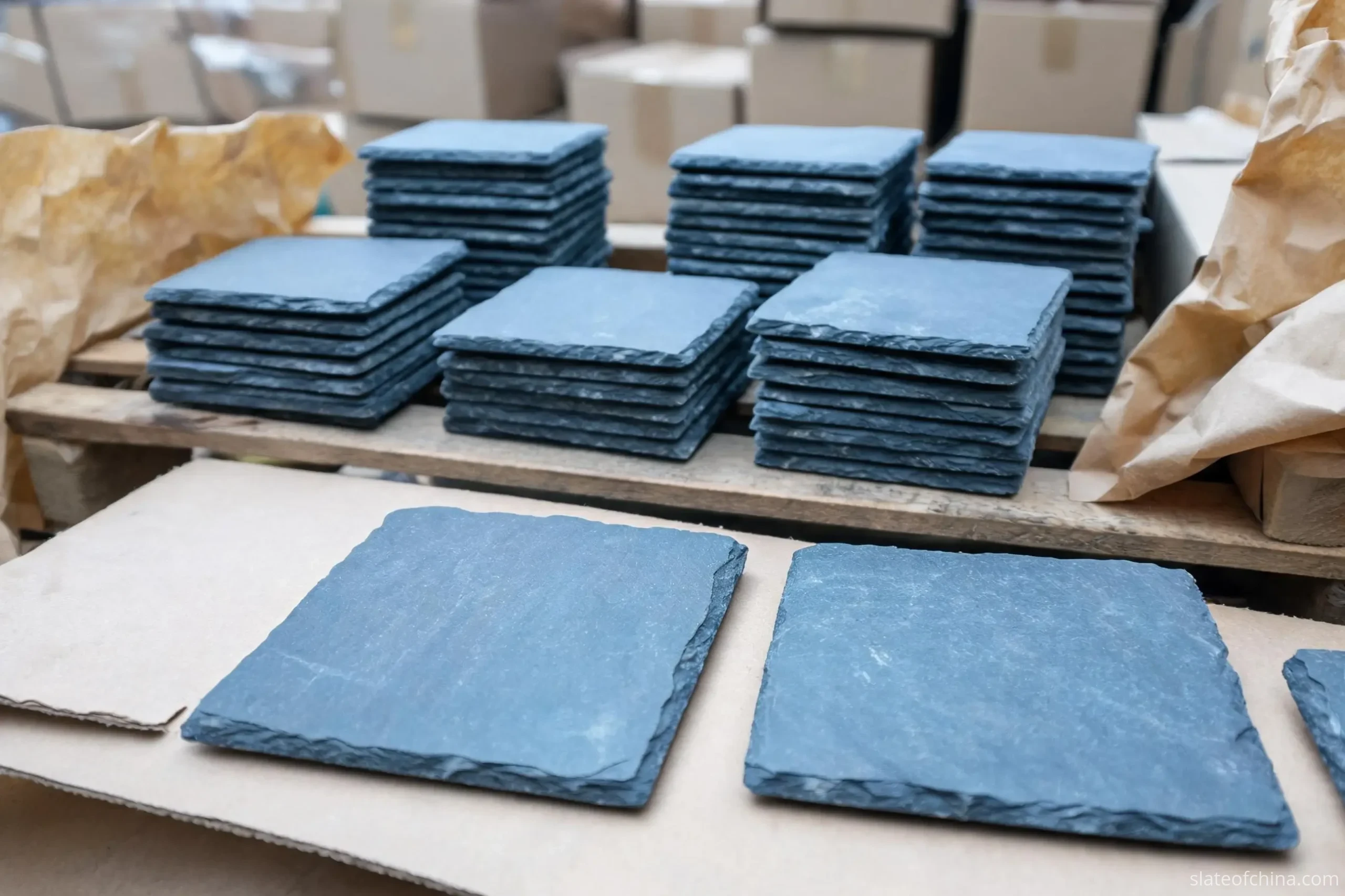 Wholesale Slate Crafts from China 1 A wholesale production batch of blank blue-grey slate coasters in neat stacked piles on a wooden packing bench, with plain kraft cartons behind
